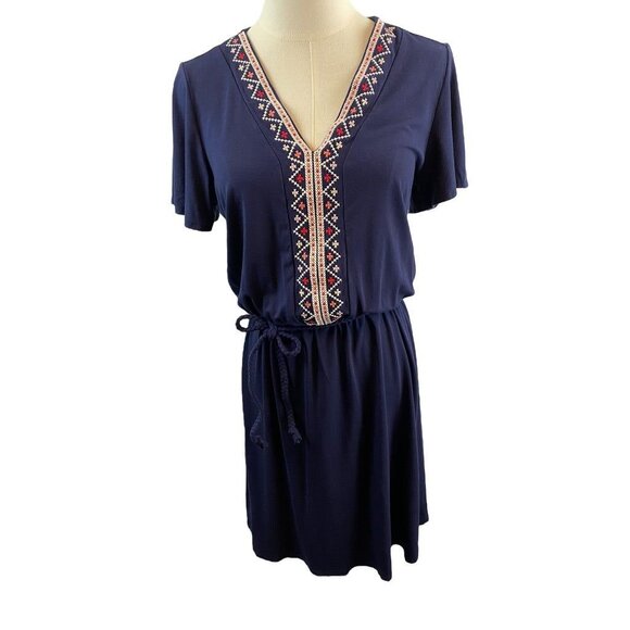 Small Tall Old Navy Navy Blue Knit Embroidered V-Neck Boho Dress - Picture 16 of 16